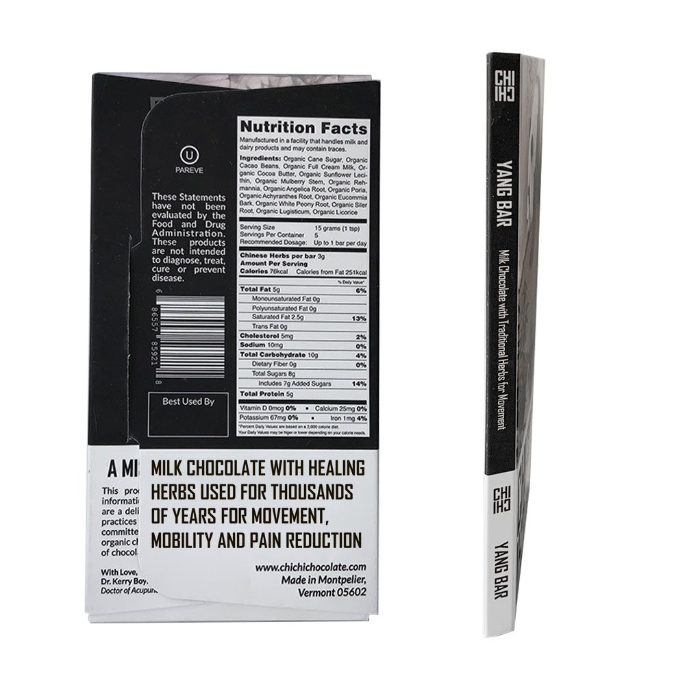Nutrition label for ChiChi Chocolate Yang Bar