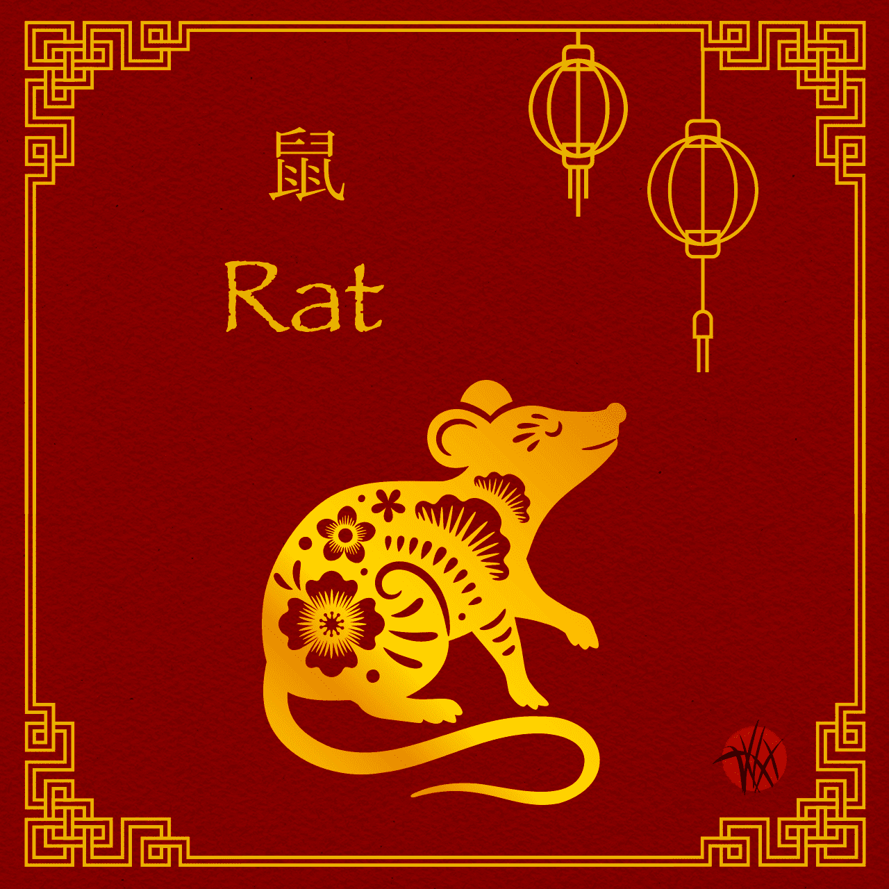 Zodiac animal: rat. Red background with gold drawing of rat