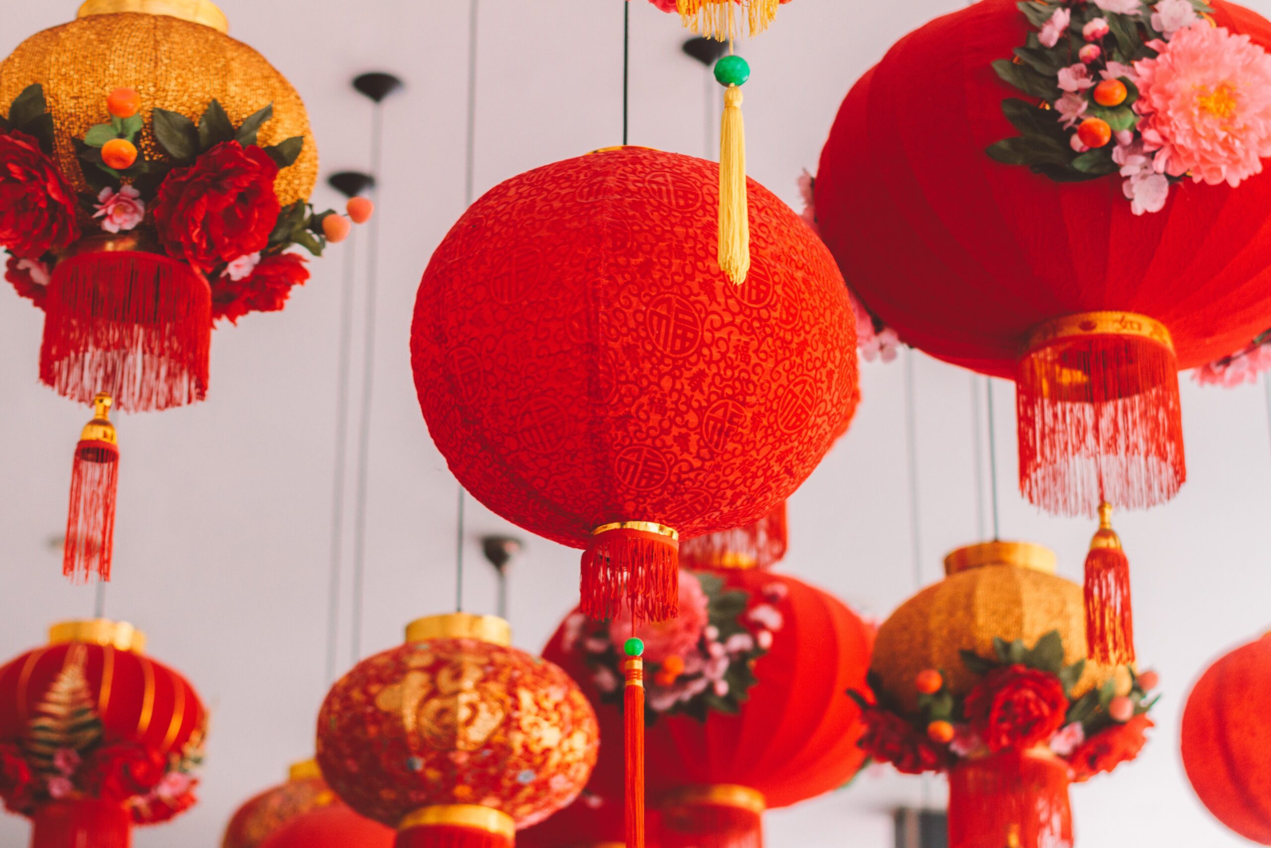 Chinese new year. red lanterns hanging from celling