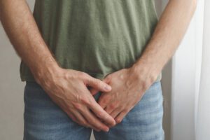 Person with hands in front of groin