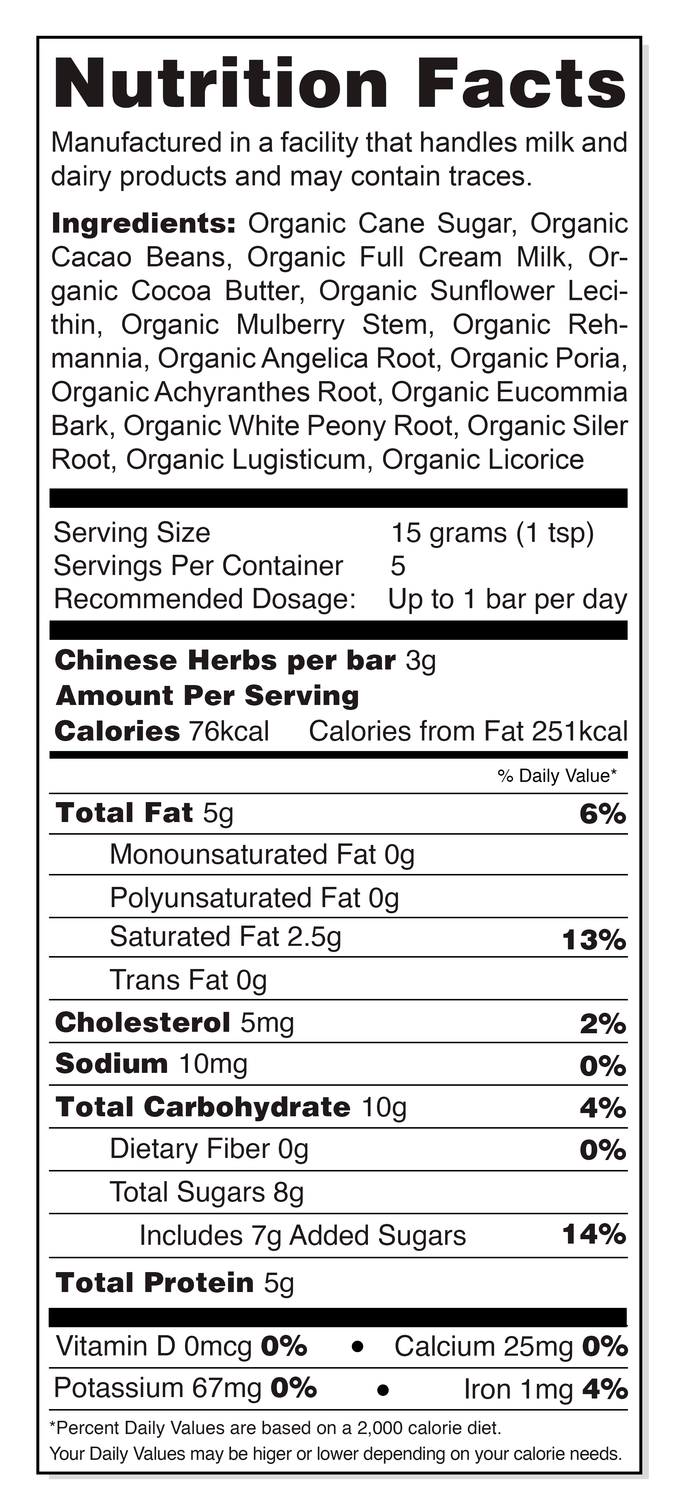 Nutrition label for ChiChi Chocolate