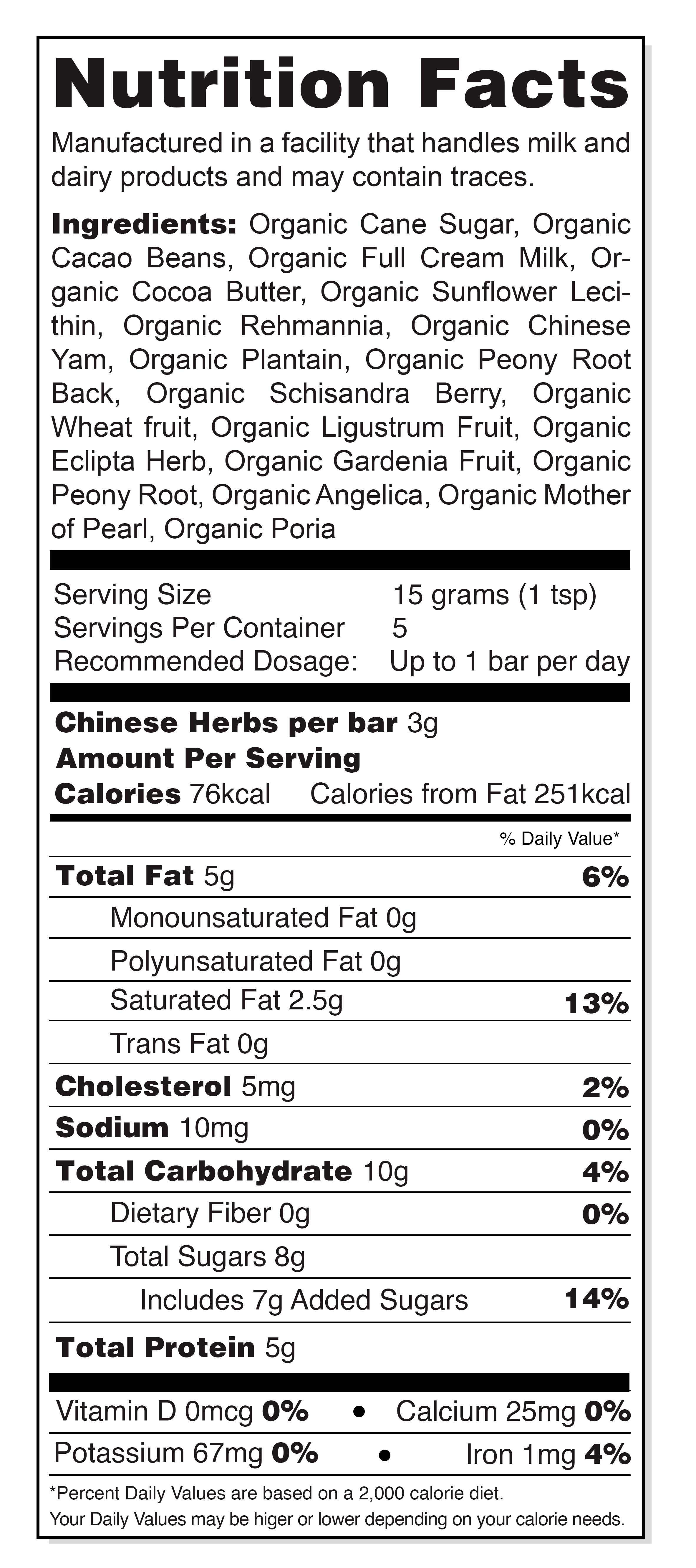 Nutrition label for ChiChi Chocolate