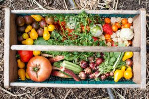 Wooden basket filled with fresh produce like tomatoes, onions, and strawberries. Women's Health From a Natural Perspective